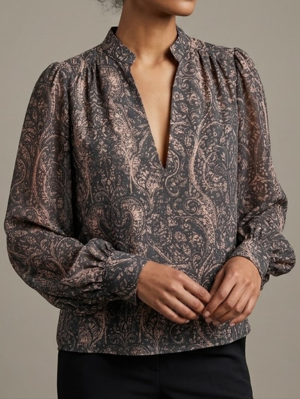 Neutral Earth Tone Paisley V-Neck Balloon Sleeve Blouse - Size XL - NWT